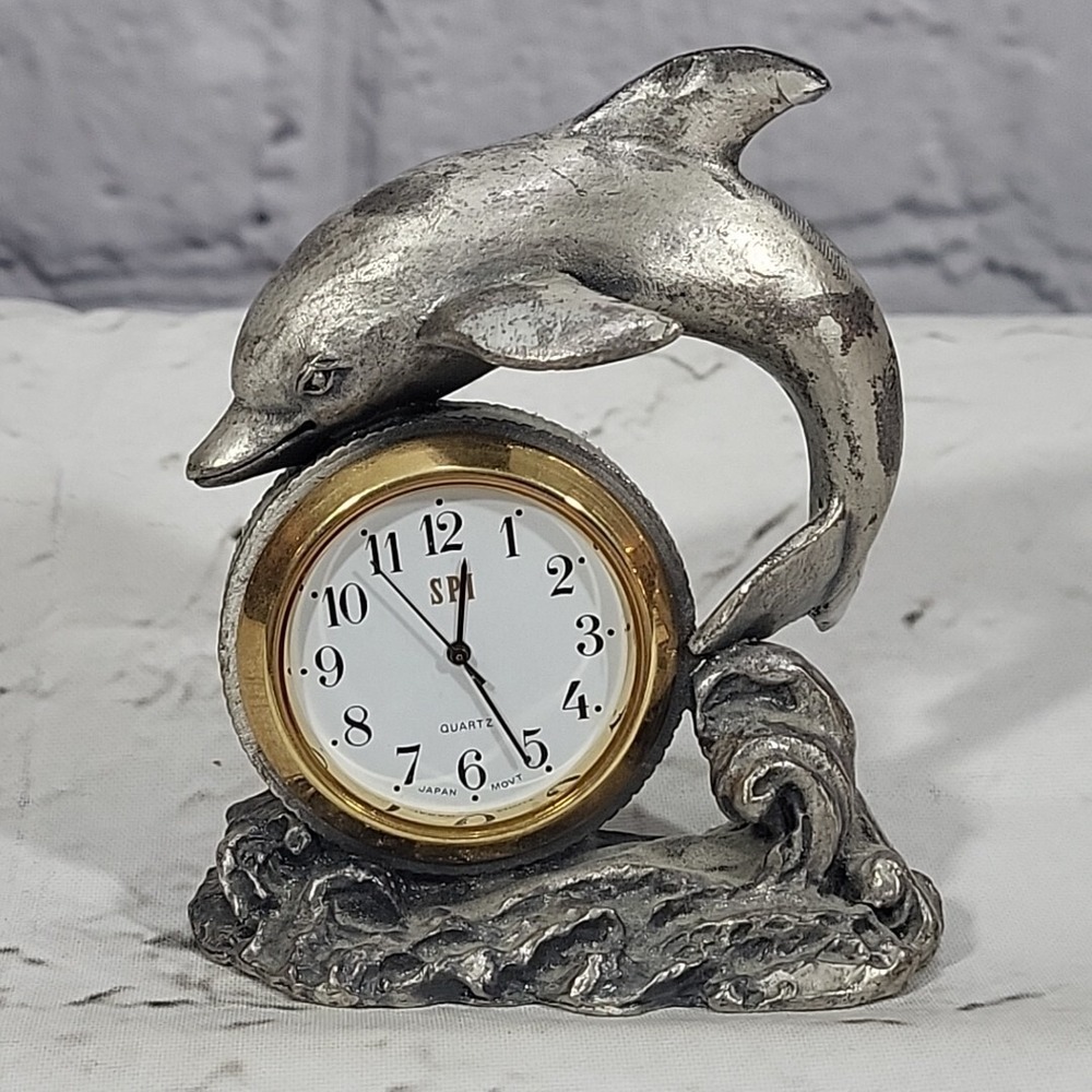 Vintage Pewter‎ Quartz Desk Clock Dolphin Figural Coastal Motif Flaw-Non Working